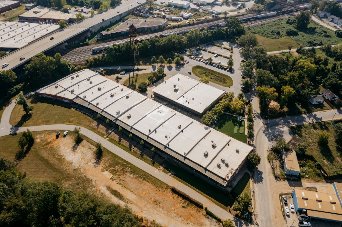 Aerial view of commercial roofs